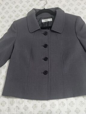 Tahari Slate Gray Button-Front Cropped Blazer